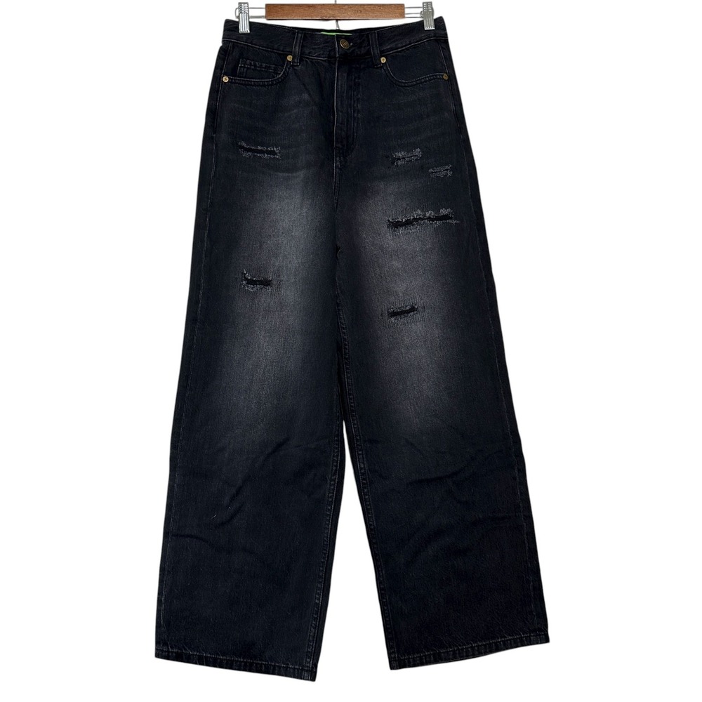 SANDRINE ROSE X FREE PEOPLE Black Wide Leg Distressed Jeans R3021 NWT‎ Size 26